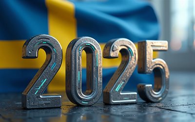 2025 suède, 4k, art créatif, voyage en suède 2025, chiffres en métal 3d, suède 2025 chiffres, art 3d, drapeau suédois, 2025 chiffres 3d, suède, drapeau de la suède