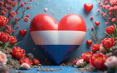 ich liebe niederlande, 4k, rote 3d  tulpen, 3d  kunst, kreativ, tag der niederlande, flagge der niederlande, herz mit niederländischer flagge, 3d  herzen, niederländische flagge, niederlande, liebe zu den niederlanden