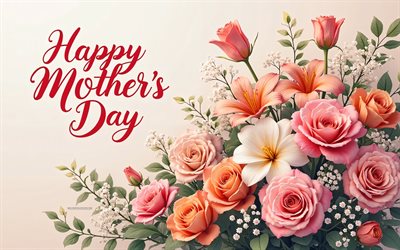 buona festa della mamma, 4k, bouquet di fiori, congratulazioni per la mamma, concetti per la festa della mamma, biglietto di auguri per la festa della mamma, bouquet 3d di fiori, rose 3d