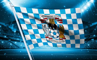 4k, logotipo de coventry city fc, clube de futebol inglês, bandeira do estádio, coventry city fc fãs bandeira, bandeira branca azul, emblema de coventry city fc, campeonato, inglaterra, futebol, coventry city fc