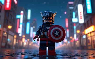 4k, capitán américa, paisaje nocturno, superhéroes, arte de lego, marvel comics, capitán américa lego, arte 3d, capitán américa 3d, fan art, capitán américa 4k