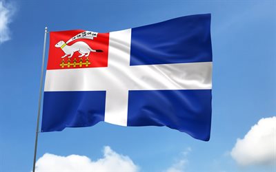 Saint-Malo flag on flagpole, 4K, French cities, blue sky, flag of  Saint-Malo, wavy satin flags, Saint-Malo flag, cities of France, flagpole with flags, Day of Saint-Malo, France, Saint-Malo