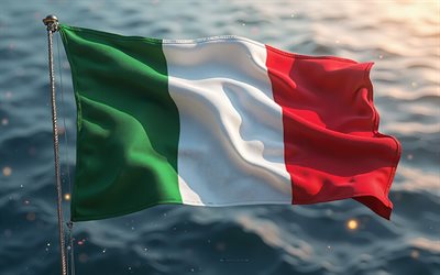 Italy flag, 4k, Italian flag, silk flag of Italy, sea, Italy, sea waves, flag of Italy