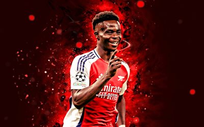 bukayo saka, 4k, kırmızı neon işıklar, cephanelik, premier lig, ingiliz futbolcular, bukayo saka 4k, futbol, bukayo ayoyinka saka, arsenal fc, bukayo saka arsenal