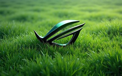 4k, ROG logo on green grass, Republic of Gamers, ASUS, ROG logo, creative art, ROG, ASUS ROG logo, ROG 3d logo, metal ROG logo, Republic of Gamers logo