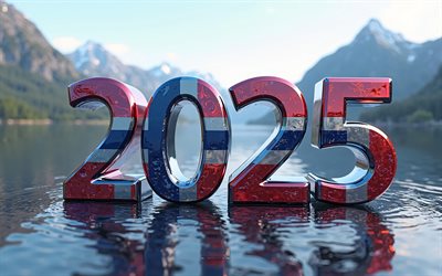 2025 norwegen, 4k, reisen sie nach norwegen 2025, tourismus, norwegen 2025 ziffern, 3d  kunst, norwegene flagge, 2025 3d  ziffern, norwegen, fjord, flagge von norwegen