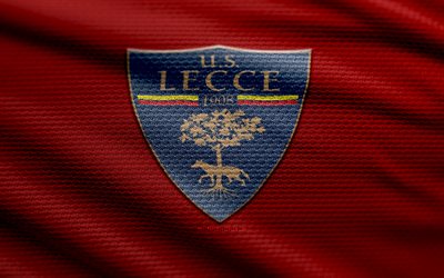 logo del tessuto lecce us, 4k, sfondo in tessuto rosso, serie b, bokeh, calcio, logo us lecce, emblema us lecce, us lecce, club di calcio italiano, lecce fc