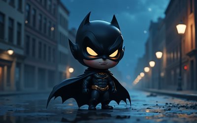 combinaison, 4k, super héros, art de chibi, bandes dessinées dc, batsuit chibi, nuit, la combinaison, art 3d, costume noir batman, batsuit 3d, fan art, batsuit 4k, combinaison de chauve souris, batman