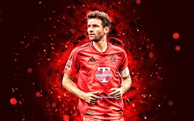 4k, thomas muller, kapatmak, bayern münih fc, bundesliga, alman futbolcuları, thomas muller 4k, kırmızı neon işıklar, futbol, kırmızı soyut arka plan, thomas muller bayern münih