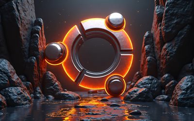 4k, ubuntu metal  logo, luova, oranssi neonvalot, musta kivitausta, tuotemerkit, ubuntu neon  logo, os  logo, ubuntu oranssi logo, taideteos, ubuntu  logo, ubuntu 3d  logo, ubuntu, linux ubuntu