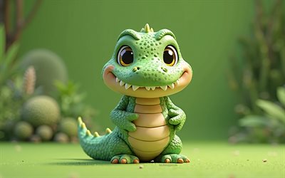 4k, crocodile 3d carino, crocodile 3d cartoon, animali carini, coccodrillo, animali 3d, animali 3d di cartoni animati, crocodile divertente, piccolo coccodrillo, sfondo verde