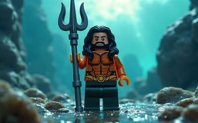4k, aquaman, sous marin, super héros, lego art, bandes dessinées dc, jason momoa trident, aquaman lego, art 3d, aquaman 3d, fan art, aquaman 4k
