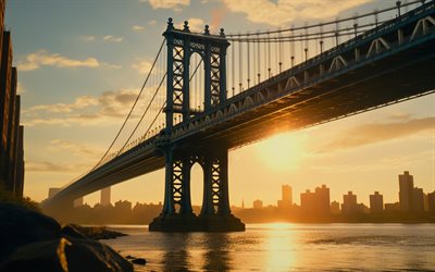 manhattan bridge, 4k, sonnenuntergang, new york, manhattan, wolkenkratzer, hängebrücke, east river, innenstadt von brooklyn, brücken, new york cityscape, usa