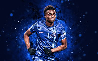 4k, Tyrique George, blue abstract background, Chelsea, Premier League, English footballers, Tyrique George 4K, blue neon lights, football, soccer, Chelsea FC, Tyrique George Chelsea
