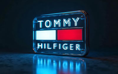トミーヒルフィガーメタルロゴ, 4k, 青いネオンライト, 3dアート, 暗闇, ブランド, トミーヒルフィガー3dロゴ, クリエイティブ, トミー・ヒルフィガーのロゴ, ファッションブランド, トミー・ヒルフィガー