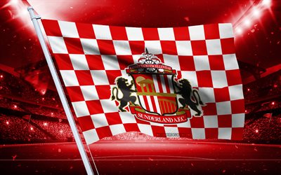 4k, logo sunderland afc, club de football anglais, drapeau du stade, drapeau des fans de sunderland afc, drapeau blanc rouge, emblème de sunderland afc, championnat, angleterre, football, sunderland afc, sunderland