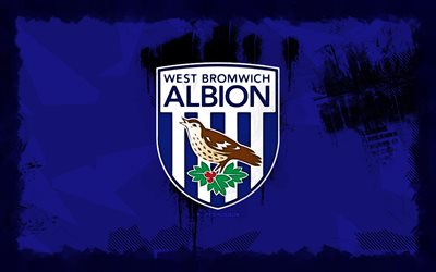 west bromwich albion grunge logosu, 4k, şampiyonluk, mavi grunge arka plan, futbol, west bromwich albion amblemi, west bromwich albion logosu, west bromwich albion, ingiliz futbol kulübü, west bromwich albion fc