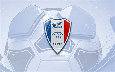 Suwon Samsung Bluewings glossy logo, 4K, blue football background, K League 2, soccer, Suwon Samsung Bluewings, south korean football club, Suwon Samsung Bluewings emblem, Suwon Samsung Bluewings logo, Suwon Samsung Bluewings FC