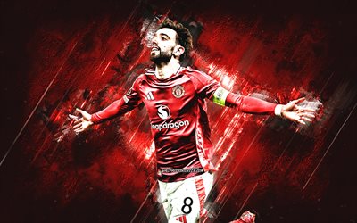 브루노 페르난데스, 맨체스터 유나이티드 fc, 포르투갈 축구 선수, 유로파 리그, 레드 스톤 배경, 그런지 예술, 프리미어 리그, 영국, 축구, 브루노 페르난데스 맨체스터 유나이티드