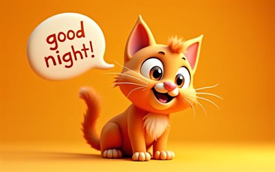 4k, gute nacht, cartoon ingwer katze, 3d  kunst, orangefarbene hintergründe, sprachblasen, gute nachtwünsche, haustiere, katzen, cartoon  katzen, gute nachtkonzepte