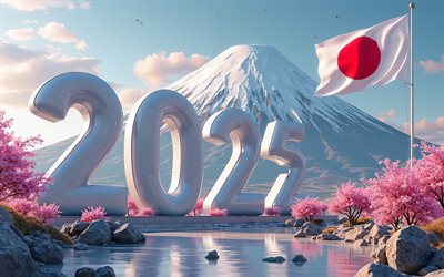 2025 giappone, 4k, sakura, monte fuji, viaggia in giappone 2025, giappone 2025 cifre, 3d art, bandiera giapponese, 2025 cifre 3d, 2025 concetti, giappone