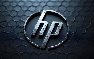 4k, logo hp metal, bokeh, sfondi della griglia metallica, logo hp 3d, grunge art, creativo, logo di metallo hewlett packard, logo hp, marchi elettronici, hewlett packard, logo dei marchi, logo hewlett packard