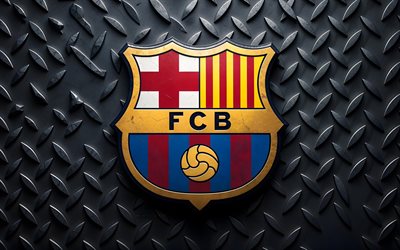 4k, fc 바르셀로나 금속 로고, 창의적인, 금속 그리드 배경, 랄리가, fcb, 축구, fc 바르셀로나 로고, fc 바르셀로나 3d 로고, 바르셀로나 fc, 스페인 축구 클럽, fc 바르셀로나 엠블럼, fc 바르셀로나