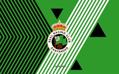 yarış santander logosu, 4k, ispanyol futbol takımı, yeşil siyah çizgiler arka plan, yarış santander, segunda, ispanya, hat sanatı, yarış santander amblemi, futbol