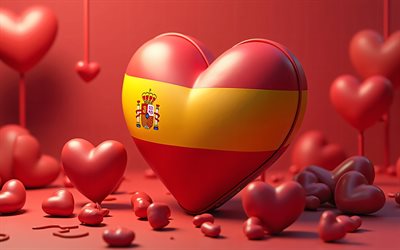 4k, j'adore l'espagne, arrière plans rouges 3d, créatif, jour d'espagne, drapeau de l'espagne, art 3d, cœur avec drapeau espagnol, coeurs 3d, drapeau espagnol, espagne, amour pour l'espagne