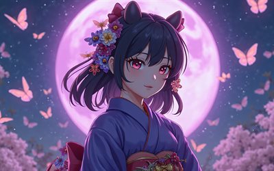 4k, 忍kocho, パープルムーン, 3dアート, kimetsu no yaiba, 着物, 夜, 漫画, 主人公, ムイチロ, 春, 小川忍, 鬼滅の刃, 忍kocho yaiba