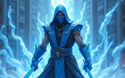 4k, Sub-Zero, Mortal Kombat, Blue Ninja, creative blue background, Mortal Kombat fighting game, Sub Zero, Mortal Kombat characters, Sub-Zero Mortal Kombat