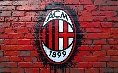 logo ac milan graffiti, 4k, sfondo di briclo rosso, serie a, bokeh, calcio, logo ac milan, emblema ac milano, ac milano, club di calcio italiano, milano fc