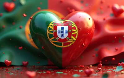 I Love Portugal, 4k, colorful 3D background, 3D art, creative, Day of Portugal, flag of Portugal, heart with Portugalese flag, 3D hearts, Portugalese flag, Portugal, Love for Portugal
