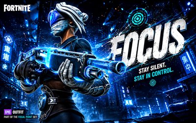 fokus på fortnite, 4k, blå futuristisk bakgrund, fortnite, fan art, fokus hud, fokusera med vapen, fortnite focus skin, kreativ, fokus, fortnite karaktärer