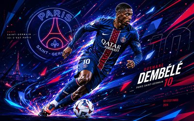 4k, Ousmane Dembele, PSG, vector art, blue abstract vector background, Ousmane Dembele PSG, creative art, PSG logo, Ousmane Dembele Real Madrid, football, Paris Saint-Germain