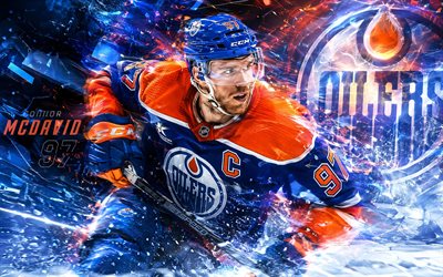 Connor McDavid, 4k, blue orange digital background, Edmonton Oilers, NHL, hockey, Connor McDavid 4K, Leon Draisaitl logo, fan art, Connor McDavid Edmonton Oilers