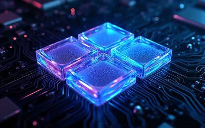 Windows 11 glowing neon blue logo, 4k, Windows 11 glowing neon blue sign, Windows 11 logo, Windows 11 glass blue emblem, Windows 11, black technology background, Windows logo, Windows
