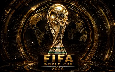2026 fotbolls vm, 4k, gyllene världskarta, fifa world cup trophy, mörk gyllene bakgrund, fotboll, fifa world cup konst, fotbolls vm 2026, kreativ, gyllene trofé, fifa world cup