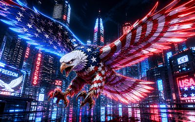 4k, bald eagle, cyberpunk, US flag on wings, flag of USA, birds of prey, 3D art, symbol of the USA, bald eagle art, July 4th, artwork, eagles, USA, Fourth of July