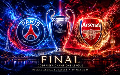 2026 UEFA Champions League final, PSG vs Arsenal FC, creative art, promotional materials, PSG, Arsenal FC, Champions League, final, Paris Saint-Germain vs Arsenal, Paris Saint-Germain, Puskas Arena, Budapest, football match, football
