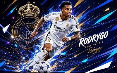 4k, Rodrygo, Real Madrid CF, vector art, white abstract vector background, Rodrygo Real Madrid CF, creative art, Real Madrid CF logo, Rodrygo Real Madrid, football, Real Madrid, Rodrygo Silva de Goes