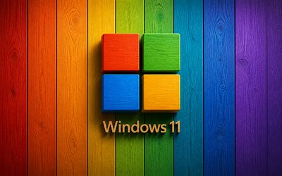 logotipo colorido de windows 11, 4k, minimalismo, fondo de madera del arco iris, creativo, logotipo de madera de windows 11, logotipo 3d de windows 11, marcas de sistemas operativos, logotipo de windows 11, ventanas 11