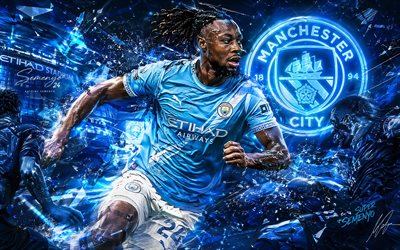 Antoine Semenyo, Manchester City FC, fan art, blue white abstract background, Antoine Semenyo Manchester City FC, creative art, Manchester City FC logo, Antoine Semenyo Manchester City, football, Manchester City