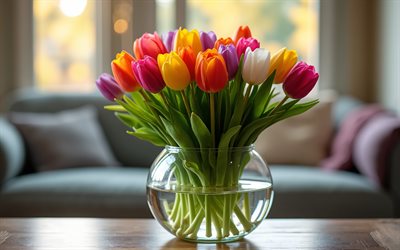 tulipanes en un jarrón de cristal, 4k, ramo multicolor de tulipanes, flores de primavera, tulipanes, ramo multicolor, primavera, florero de vidrio redondo