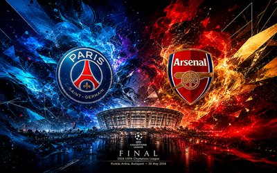 psg contre arsenal fc, 4к, finale de l'uefa champions league 2026, art créatif, 2026, psg, arsenal fc, ligue des champions, final, paris saint germain contre arsenal, paris saint germain, arène puskás, budapest, match de football, football