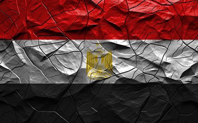4k, علم مصر, نسيج الحجر, أفريقيا, علم مصر ثلاثي الأبعاد, الخلفية مع الشقوق, مصر, العلم المصري