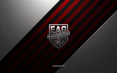 en avant guingamp logosu, 4k, çelik arka plan, fransız futbol kulübü, kırmızı siyah çizgiler, en avant guingamp amblemi, lig 2, en avant guingamp, fransa, futbol, en avant guingamp metal logosu