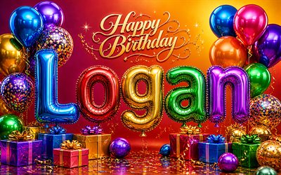 4k, Logan Happy Birthday, glossy balloons 3D letters, Logan name, creative, Logan Birthday, colorful gift boxes, popular american male names, Happy Birthday Logan, picture with Logan name, Logan