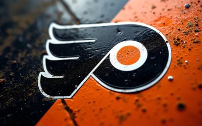 logo in metallo dei philadelphia flyers, 4k, sfondo arancione in metallo, nhl, logo dei volantini di filadelfia, arte del metallo, arte del grunge, emblema dei philadelphia flyers, usa, volantini di filadelfia, hockey
