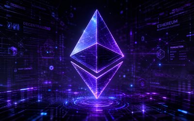 Ethereum 3D logo, 4k, purple futuristic background, cryptocurrencies, Ethereum purple logo, brands, blockchain, Ethereum logo, Ethereum